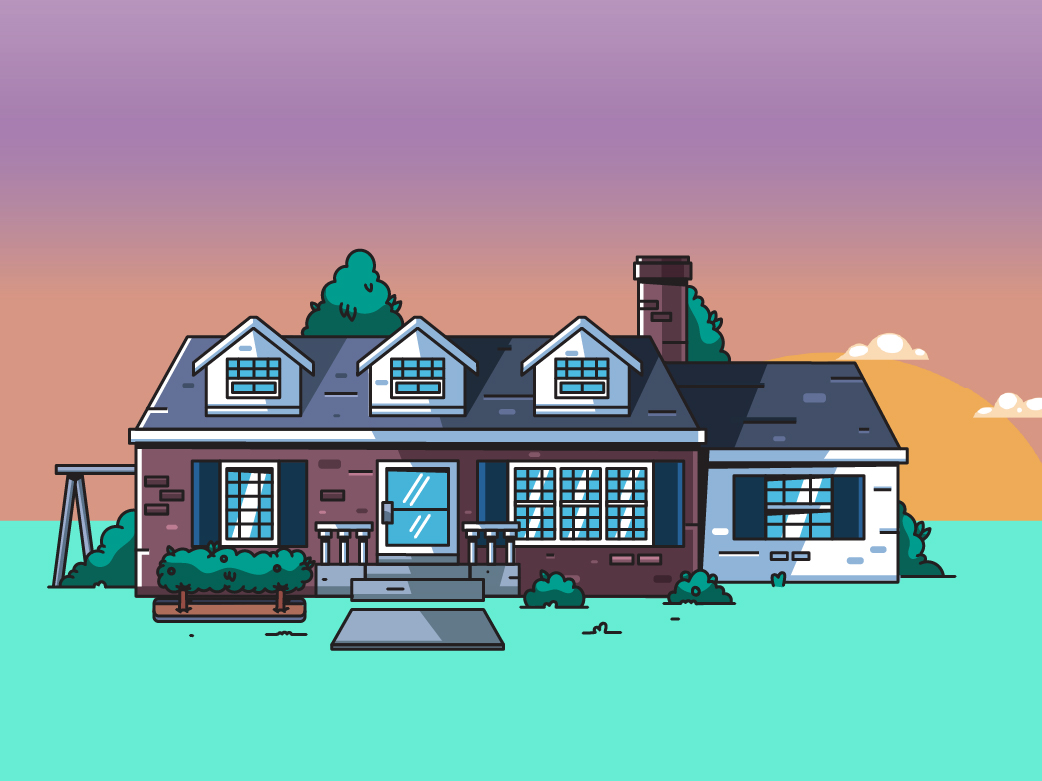 Illustration of house with sunset in the background.
